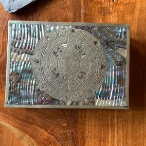 Silver and abalone geometric design trinket box with feet and red velvet lining